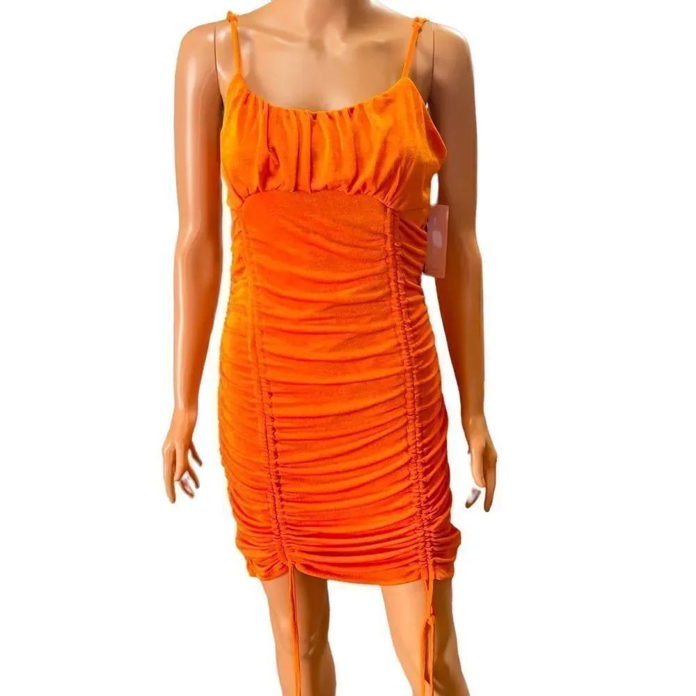 Inspired Hearts Orange Ruched Tie Hem Bodycon Dress Size X-Large